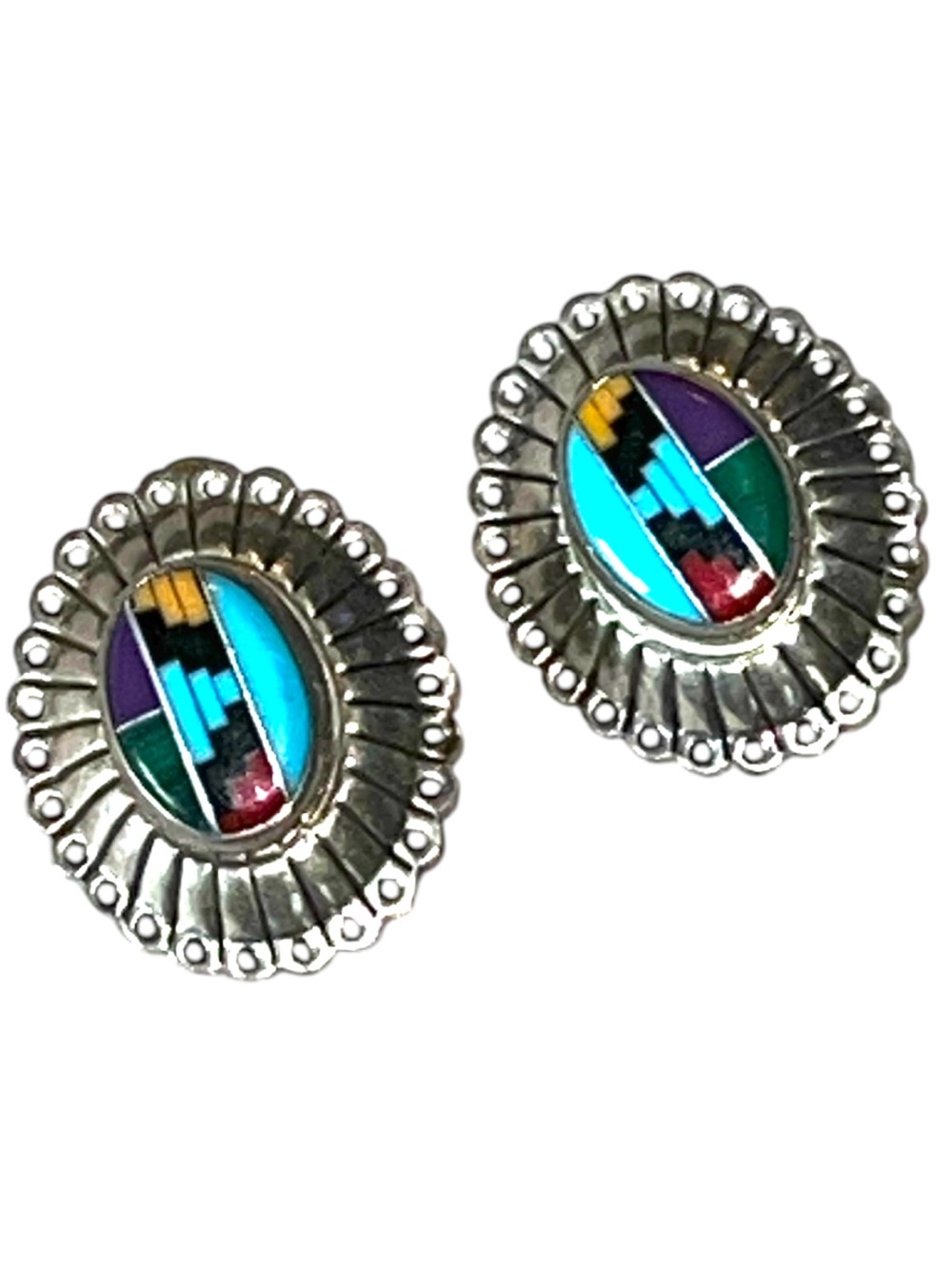 Vintage Zuni Sterling Silver Multi Gemstone Inlay Oval Clip On Earrings